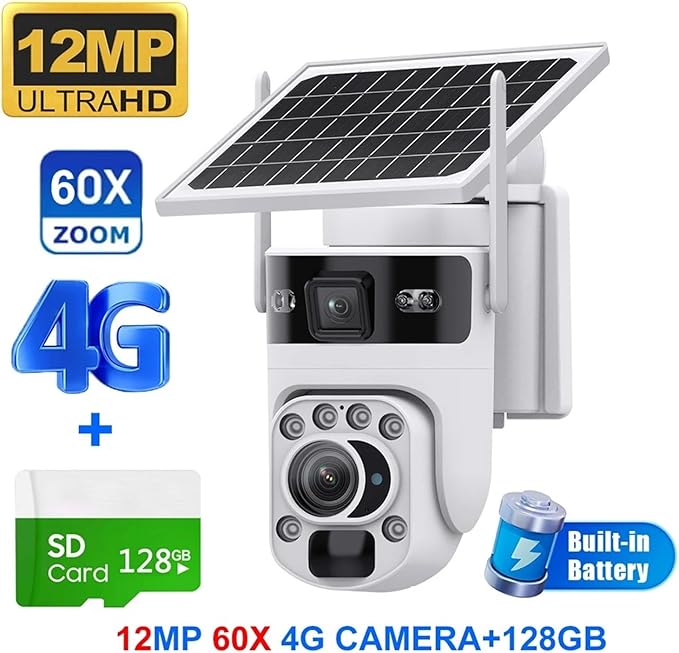 4K 60X Optical Zoom 4G Solar Camera Dual Screen Outdoor WiFi PTZ PIR Detection Human Auto Tracking CCTV Cameras(White 60X 4G 128GB)
