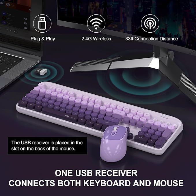 MageGee V920 Wireless Keyboard and Mouse Combo 2.4G Full-Sized Retro Typewriter Keyboard with Round Keycaps &amp Auto-Sleep Mode Cute Computer Keyboard and Cordless Optical Mouse for Laptop/PC (Pur