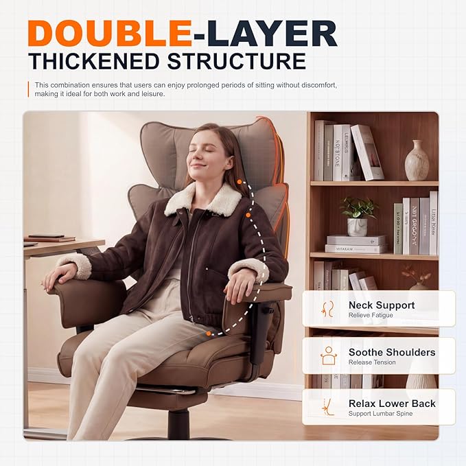 Dowinx Big and Tall Office Chair with Pocket Spring CushionHigh Back Computer Gaming Chairs with Adjustable ArmrestsExecutive Desk Chairs with Lumbar Support and FootrestPU Leather-Brown