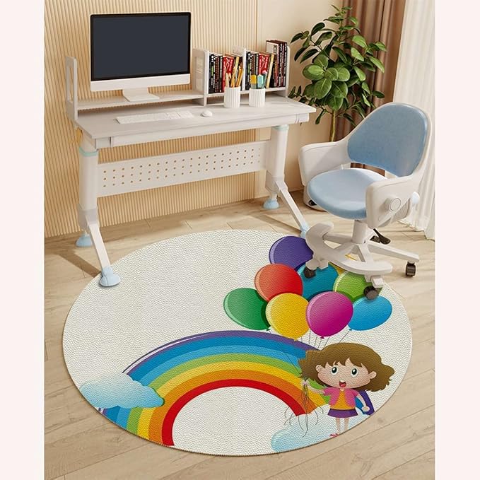 Multi PU Leather Office Chair MatComputer Gaming Desk Chair Mat Rainbow Sky with Balloons Colors Romantic Gaming Computer Chair Mat for Home Office Gaming Room Cartoon Diameter 35.4 in