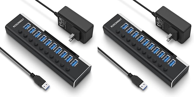 Powered USB Hub Rosonway Aluminum 10 Port USB 3.0 Data Hub with 36W (12V/3A) Power Adapter and Individual On/Off Switches USB Splitter(RSH-A10) (Pack of 2)