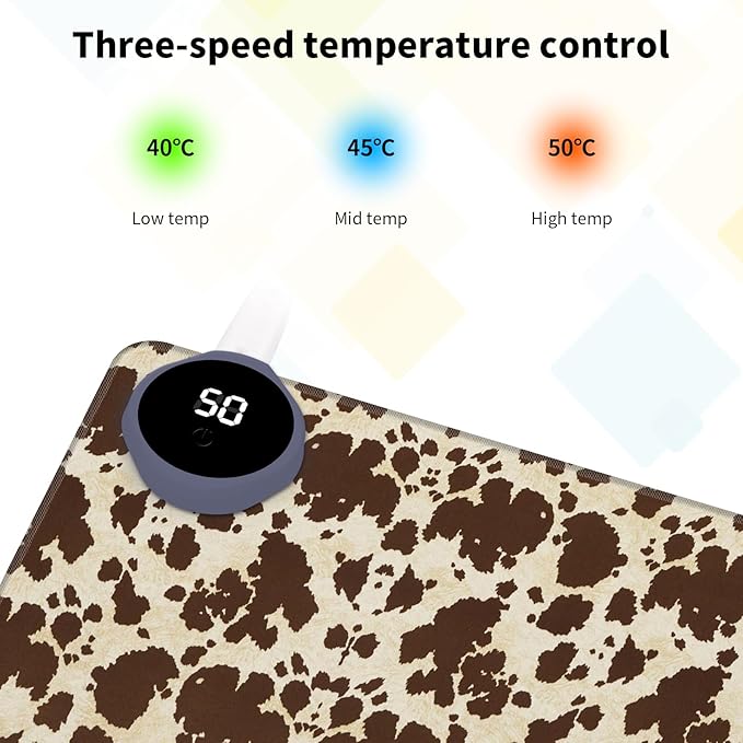 Warm Desk Pad Warm Mouse Pad Gaming Office Desk Matwith 3 Levels Heated &amp 3 Hours Auto Shut - 23.6 x 14.2 inch PU Leather Laptop Keyboard Mat for Home Office Hand WarmerBrown Cow Print Pattern