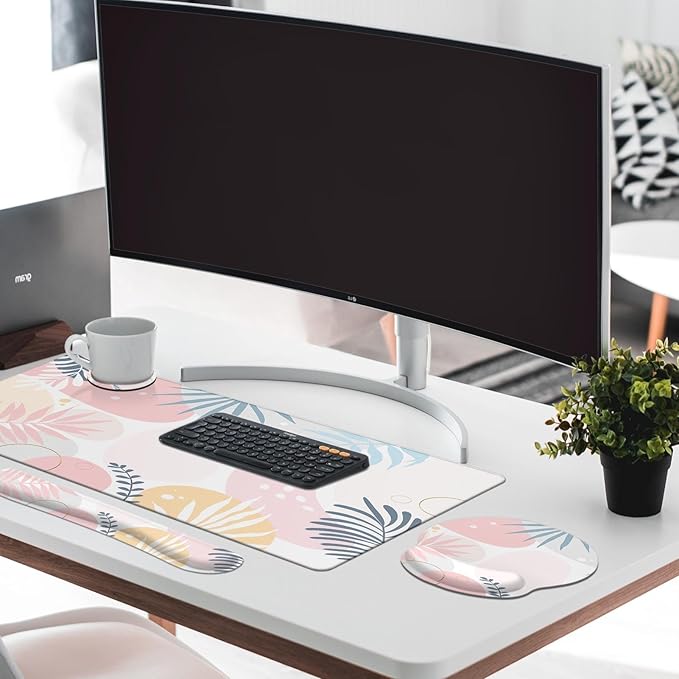 Arttown Pink Flower Botanical Desk Mat Leaves Vintage Mouse Pad Set with Wrist Support 4-in-1 Large Mousepad+Keyboard Wrist Rest+Mouse Wrist Rest+Coaster with Ergonomic Design Non-Slip Mat