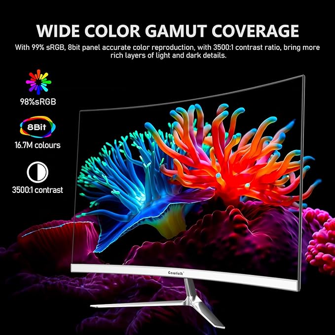 Gawfolk 24.5 Inch Gaming Curved Monitor Built-in Speakers 3000R 120Hz White PC Screen Full HD 1080P HDMI 2.0 VGA Wall Mount Compatible 75 * 75mm