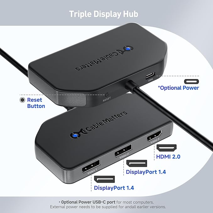 Cable Matters DisplayPort 1.4 MST Hub (1 HDMI 2.0 + 2 DP 1.4) DP Splitter Hub with 2X DisplayPort and 1x HDMI for Windows NOT Compatible with macOS