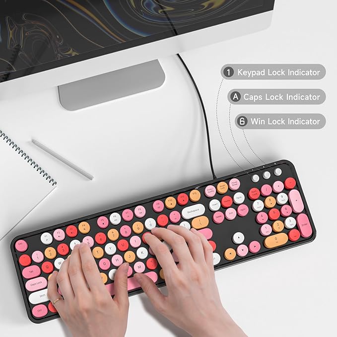 Computer Keyboard Wired Plug and Play USB Retro Round Typewriter Keyboard Full Size Wired Keyboard with Foldable Stands for Laptop and Office PC- Black Colorful