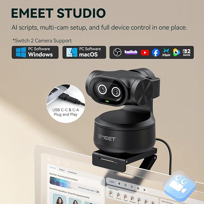 EMEET PIXY Dual-Camera AI-Powered PTZ Camera 4K AI Tracking PDAF&ampAI Autofocus 0.2s 1/2.55'' Sony Sensor 3 Mics Presets Gesture Control 4K Webcam for Streaming and OBS/Twitch/Switch 2 Compat