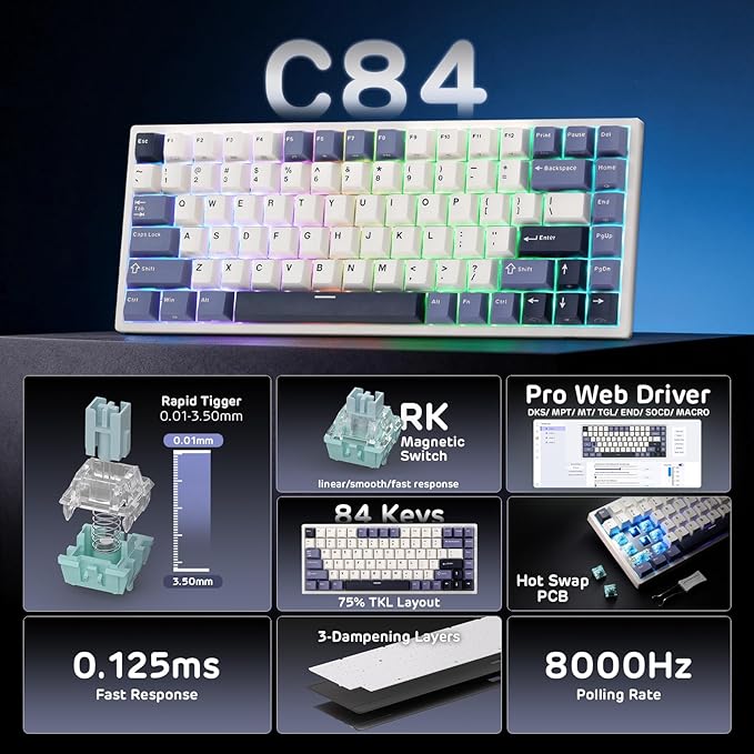 RK ROYAL KLUDGE C84 HE Rapid Trigger Gaming Keyboard 75% TKL Wired RGB Mechanical Keyboard Hall Effect Magnetic Switch Keyboard w/Actuation Point Adjustable 8K Hz Polling Rate for FPS Gamer