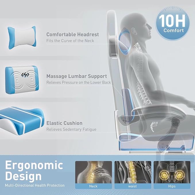 HLDIRECT Gaming Chair Ergonomic Video Game Seat with 360° Swivel &amp Lumbar Massage Computer Chair PU Leather Cushion for Adults Home/Office Use (Whtie &amp Blue)