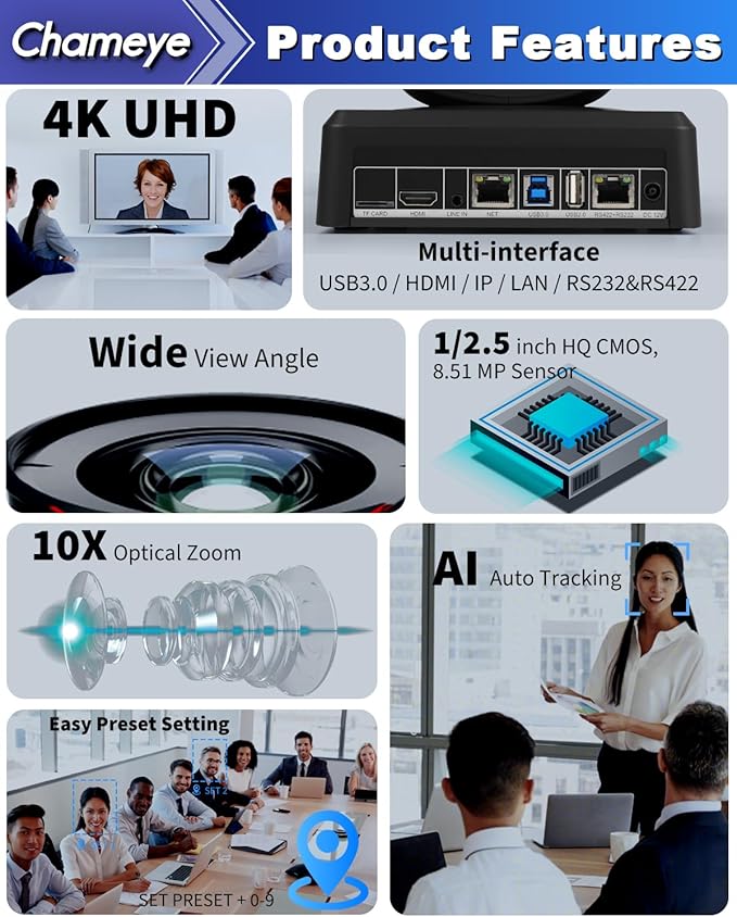 Chameye 4K UHD PTZ Conference Room Camera AI-Auto Tracking PTZ Camera 4K 10X Optical Zoom HDMI USB3.0 LAN Output for Video Conferencing Meeting Compatible with Zoom Teams Webex C410