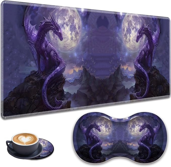 3-in-1 Large Mouse Pad Gaming Set (31.5 x 11.8 inch)+ Wrist Rest Pad + Coaster Memory Foam Gel Wrist Rest Pad for Pain Relief Stitched Edges Non-Slip Table Mat Starry Purple Dragon