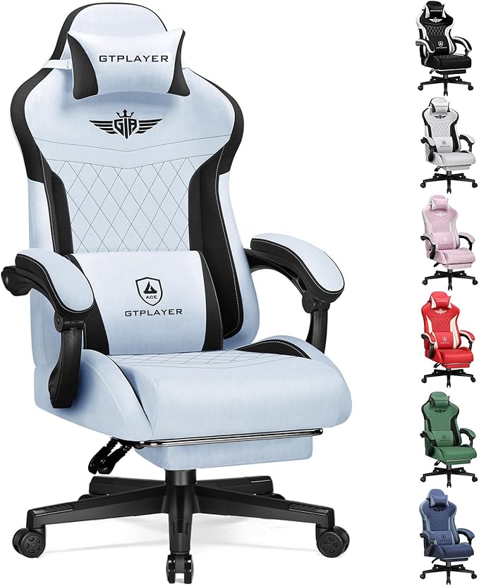 GTPLAYER Gaming Chair with Footrest Big and Tall Game Chair High Back Computer Office Chair with Lumbar Support for Adults Ergonomic Swivel Games Chair with Cushion Gaming Fabric Light Blue