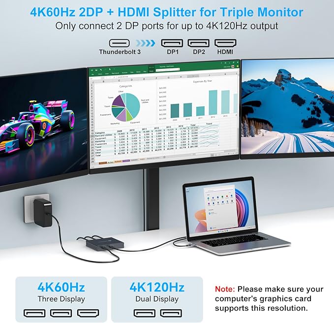 USB C to HDMI + 2 Displayport Adapter 3 Monitors 4K60Hz DP HDMI Splitter 1 in 3 Out for Extended Display with PD 100W Charging Plug &amp Play Compatible with LaptopPCUSB-C Graphics Card