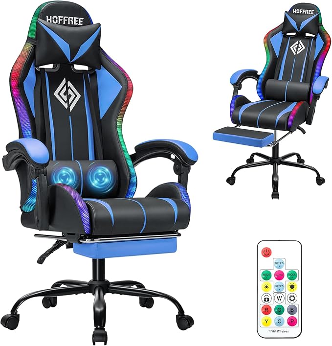 HOFFREE Gaming Chair with LED RGB Lights with Massage and Footrest Ergonomic Computer Chair High Back Video Game Chair with Adjustable Lumbar Support Linkage Armrest Blue and Black