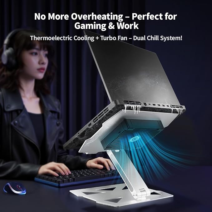 IMMOENUC Laptop Cooling Stand with Peltier Cooler Adjustable Height &amp Angle Whisper-Quiet Aluminum Thermoelectric Cooler for 12-19 Inch Laptops MacBook/Dell/HP/Lenovo Fast Cooling Notebook