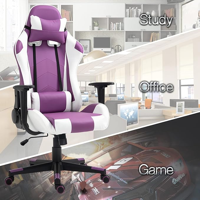 Modern-Depo Gaming Chair with Headrest and Lumbar Support Height Adjustable Swivel Office Chair High-Back Recliner Purple White