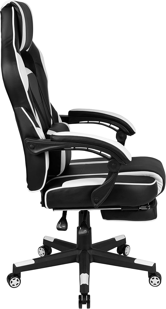 EMMA + OLIVER White Ergonomic Gaming Chair - Reclining Back/Arms Footrest Massaging Lumbar