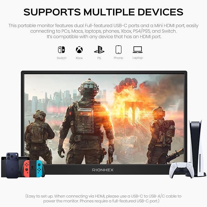 Portable Monitor 15.6 inch 1080P USB-C HDMI Travel Monitor Built-in Stand VESA External Screen for Laptop PC Mac PS Xbox Swich IPS HDR Ultra-Thin