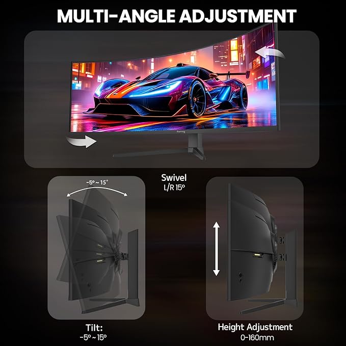 CRUA 49 Curved Gaming Monitor | DQHD(5120 * 1440) 144Hz/165Hz 1500R 32:9 AMD FreeSync 120% sRGB Height Adjustable Ultra-Wide Screen Monitors HDMI 2.1 &amp DP 1.4 Wall Mount Install- Black