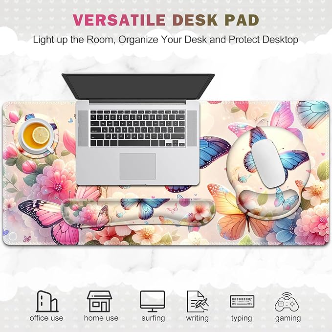 Gaming Mouse Pad Large Desk Mat Cute Desk Pad Protector 4in1 XXL Mousepad + Keyboard Wrist Rest+Mouse Wrist Rest+Coaster Set with Ergonomic Desk Pad for Home Office PC Computer Butterflies Flowers