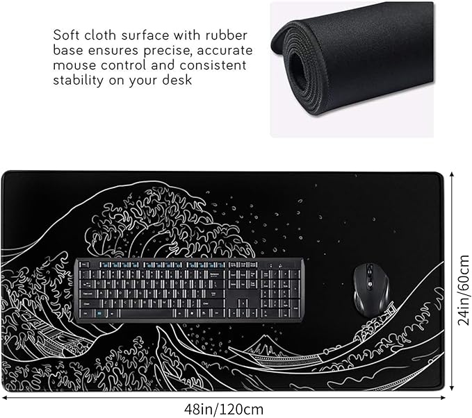 AQQA Extra Large 48 x 24 Japanese Sea Wave Mouse Pad Anime Black Waterproof Desk Pad Non Slip Rubber Base Mousepad with Stitched Edges for Work Game Office Home(Black XXXX-Large)