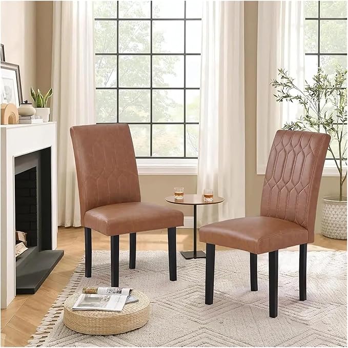Adjustable Office Computer Chair with Armrest 2pcs Brown Leather Upholstered Dining Chairs Solid Wood Legs with Rubber Footpads for Kitchen Living Room