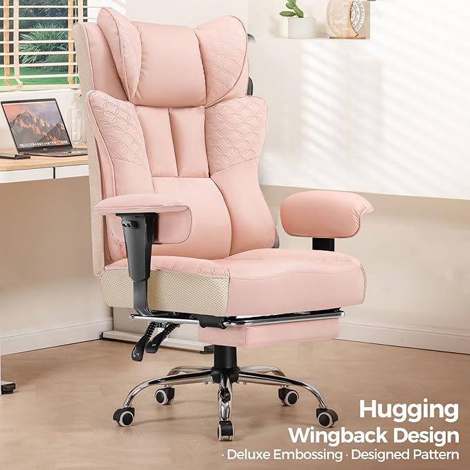 GTPLAYER Big and Tall Office Chair 400LBS Wide Ergonomic Gaming Chair with Deluxe Embossing Designed Leather with Foot Rest150°Reclining Adjustable Soft Armrests Pocket Spring Back Support and Pillow