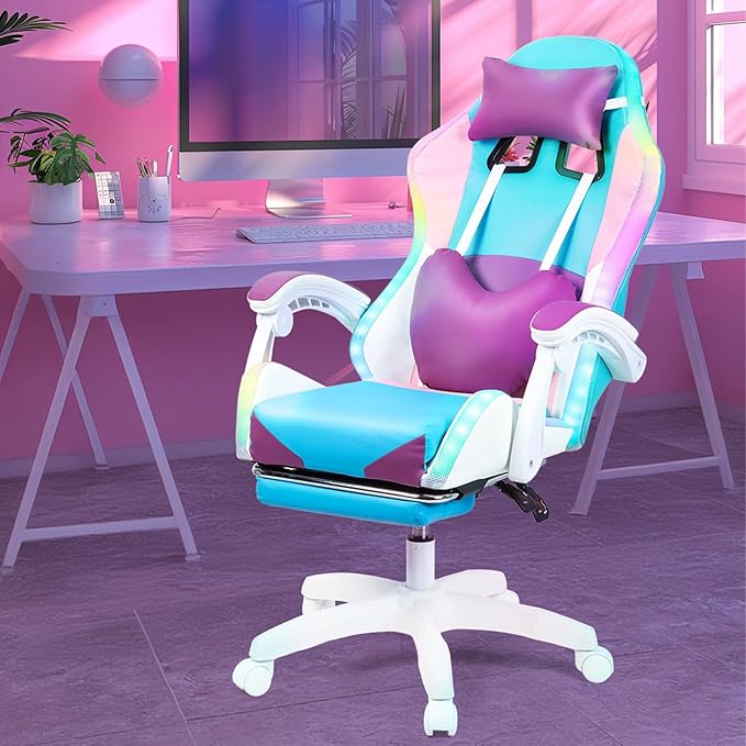 Talent Star Ergonomic Gaming ChairReclining Video Game Chairwith RGB LED Lights Massage and Footrest Heart High Back Adjustable Lumbar Support for Adult Height Adjustable with 360° Swivel Chair Pu