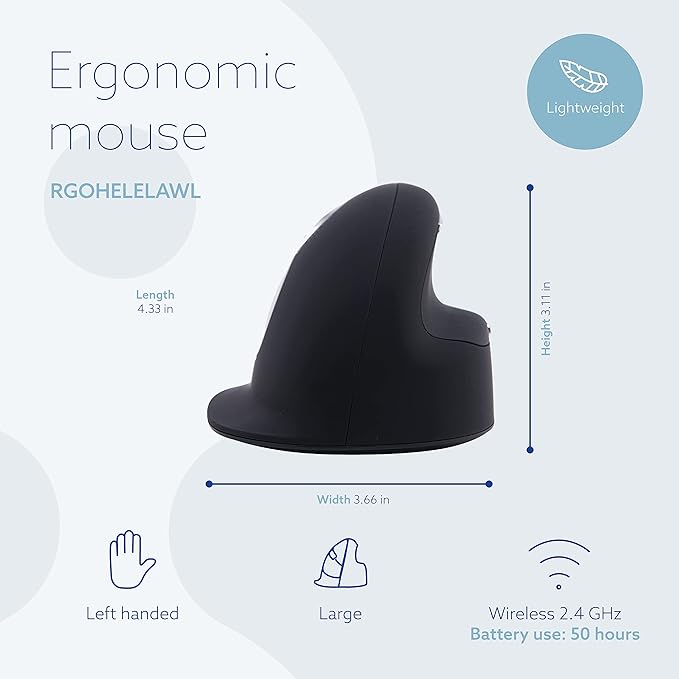 R-Go HE Vertical Ergonomic Mouse Wireless Large Left Hand 1750 DPI 5 Buttons Prevents Tennis Elbow/Mouse Arm RSI- Compatible Windows/Mac Black/Silver