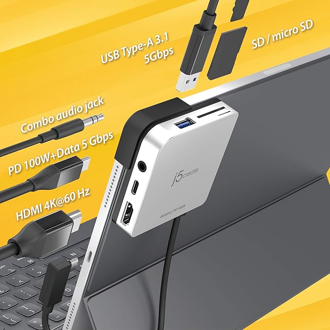 j5create iPad Pro USB C Hub- 6-in-1 Travel Dock for iPad Pro 12.9”/11” with 4K@60Hz HDMI USB C PD Charging 100W &amp Data USB A 3.1 SD and microSD Card Reader 3.5mm Headphone Jack (JCD612)