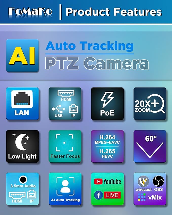 FoMaKo PTZ Camera HDMI AI Auto-Tracking Gen 3 20x Optical Zoom True to Life Colors PoE HDMI PTZ Camera for Church Services Worship Education vMix OBSNDI Upgradeable (FMK20SDI ProBlack)