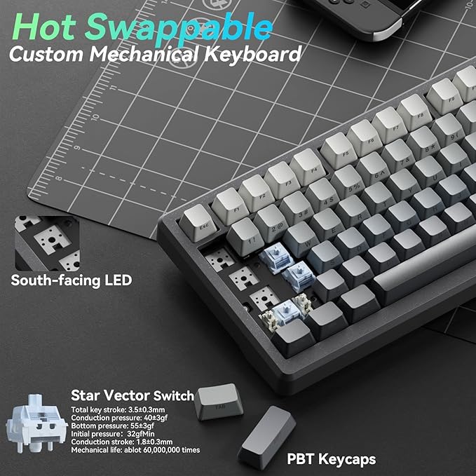 SOLAKAKA KI75 Wireless Mechanical Keyboard Aluminum Gaming Keyboard 75% Hot-swappable Side-Printed PBT Keycaps 2.4GHz/BT5.0/USB-C RGB Backlit Creamy Keyboards with Knob for PC/Laptop/Mac