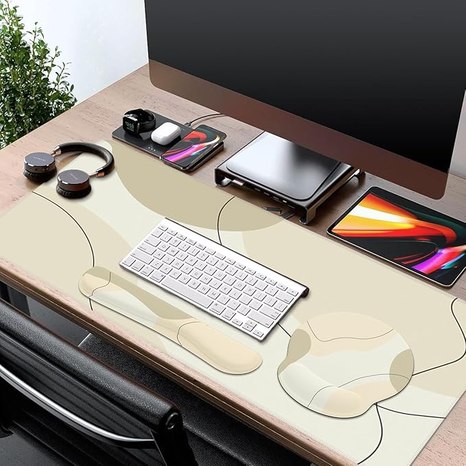 iCasso Large Gaming Mouse Pad Wrist Support Set Desk Mat 4in1 XXL Mousepad + Keyboard Wrist Rest+Mouse Wrist Rest+Coaster Set with Ergonomic Design for Home Office Table Computer-Brown Art