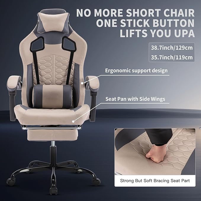 Grey Ergonomic Gaming Chairs for Adults Swivel Height Adjustable Comfortable Office Desk Chair with Footrest and Lumbar Support PU Upholstered Computer Chair with Headrest (Grey)