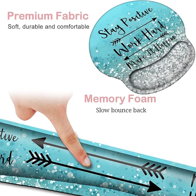 Keyboard Wrist Rest and Mouse Pad with Wrist Support Ergonomic Mouse Pad CoasterEasy Typing Pain ReliefKeyboard Mousepad SetStay Positive Work Hard and Make It Happen Blue Glitter