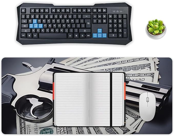 Gun &amp Money Mouse Pad Large Desk Mat Extended Keyboard Mouse Pad with Non-Slip Base and Stitched Edge Mouse Mat Desk Pad 36x16 Mouse Pads for Desk Home Office Gaming