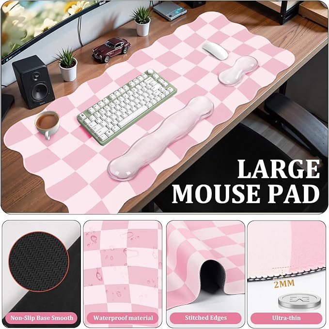 L-SPOUTTO Pink Checkered Mouse Pad SetScalloped XXL Desk Mat + Ergonomic Mouse Wrist Rest + Gel Keyboard Wrist Rest for Keyboard 65%/75%3in1 Large Desk Pad for Desktop Home Office Computer Game