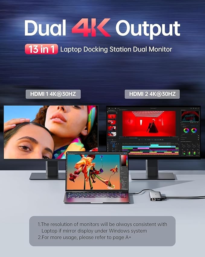 USB C Laptop Docking Station Docking Station Dual Monitor 13 in 1 DockingStation 3 Monitors with 2HDMIVGA Ethernet7USB C/A Port 100w PD SD/TF USB C Hub for Dell/HP/Surface/Lenovo Laptop