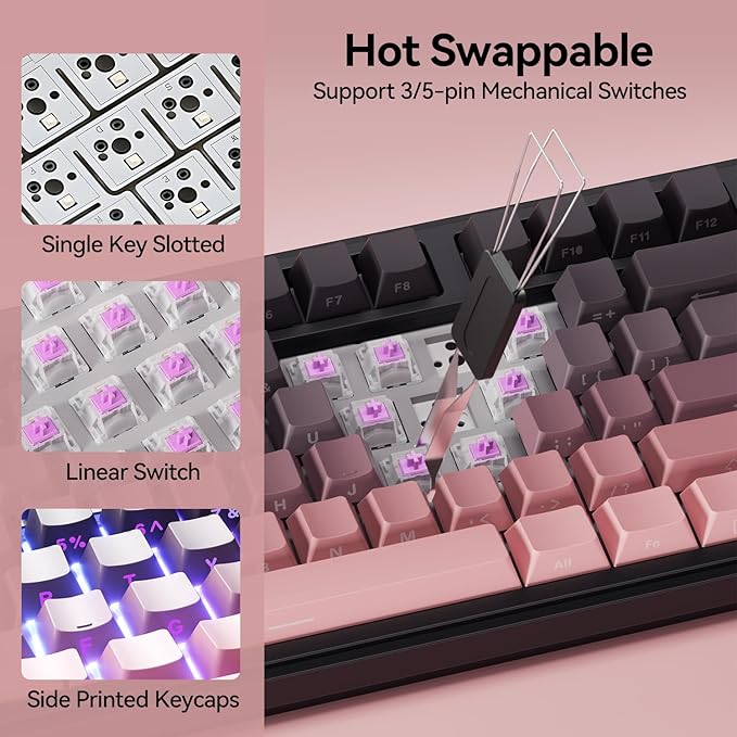 AUSDOM H87 Wireless Mechanical Gaming Keyboard: 10000mAh Battery 2.4G/BT5.3/USB-C Hot Swappable Custom Keyboard with RGB Backlit Side Printed PBT Keycaps 15-Layer Gasket Structure Black Pink
