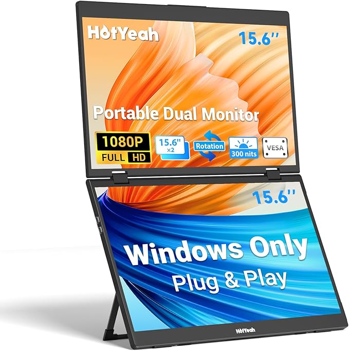 HotYeah Triple Laptop Screen Extender 15.6 1080P FHD IPS Folding Stacked Portable Dual Monitor USB C Travel Extended Computer Display w/VESA 180°Rotation Plug &amp Play for Laptops (Windows Only