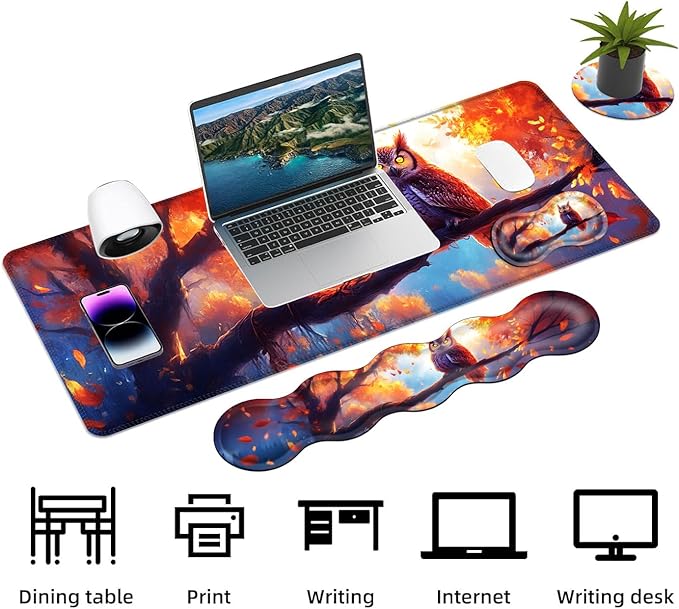 Keyboard Mouse Pad Set Extended Gaming Mouse Pad+Ergonomics Keyboard Wrist Rest Support Memory Foam Easy Typing Pain Relief 4Pcs XL Ultra Thick Desk MatAutumn Owl Falling Leaves