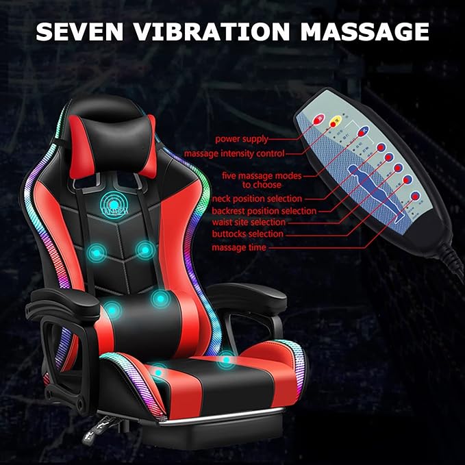 RGB Computer Chair with Footrest Full Massage Gaming Chair with Speakers Video Game Chair with Lumbar Support Headrest PU Leather 360°Swivel Recliner Chair High Back Office Chair for GamingPink