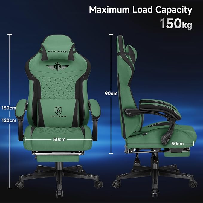 GTPLAYER Gaming Chair Video Game Chairs with Footrest and Lumbar Support Computer Chair for Adults with Extended Backrest Ergonomic Reclining Silla Gamer Fabric Green