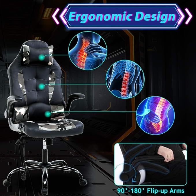 Gaming Chair Ergonomic Home Office Video Game Chairs Massage PU Leather Computer Chair Adjustable Swivel Chairs with Lumbar Support Headrest Camo