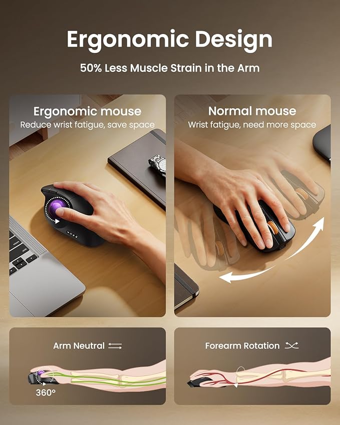 ProtoArc Wireless Bluetooth Trackball Mouse EM02 Two Adjustable Angle Ergonomic Rechargeable Computer Ball Mouse 3 Device Connection Thumb Control and Smooth Tracking for Laptop PC Mac-Purple