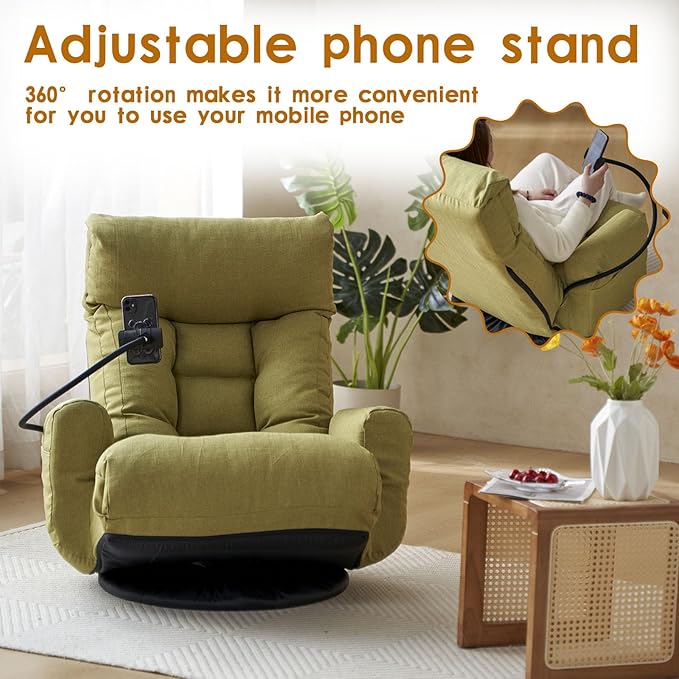 Swivel Gaming Chair Adjustable Head and Waist Floor Gaming Rocker with Armrests &amp Side Pocket &amp Phone Holder Lazy Lounger Couch for E-Sports Reading Relaxing Watching TV (Green)