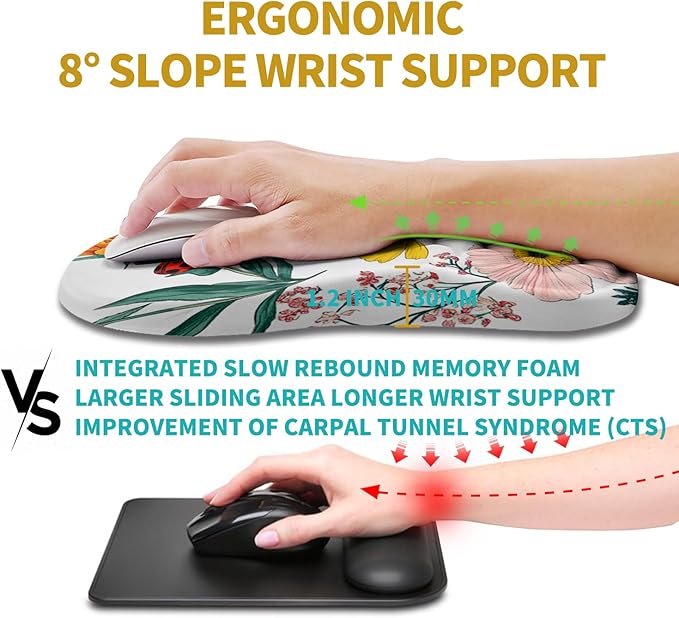 Hokafenle Ergonomic Mouse Pad Wrist Support Wrist Rest Mousepad for Carpal Tunnel Pain Relief with Integrated Memory Foam Slope Massage Bulge (11.8x7.9 inchFlowers and Ladybugs