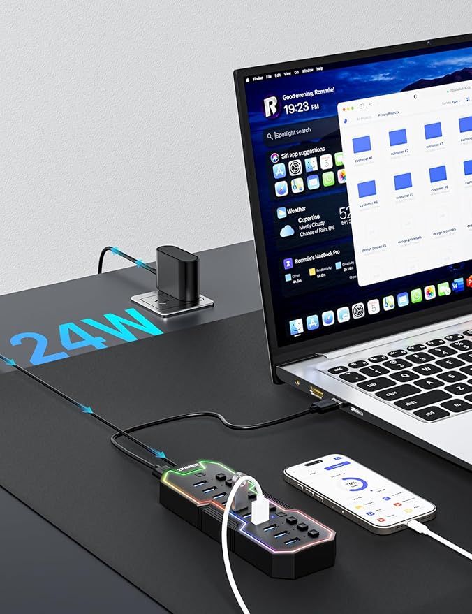 ZIUMIER Powered USB Hub 10 Ports USB 3.0 Hub with RGB LED Strip and 12V/2A Power Adapter USB ExtensionIndividual LED On/Off Switches for Mac PC Desktop Flash Drive Mobile HDD