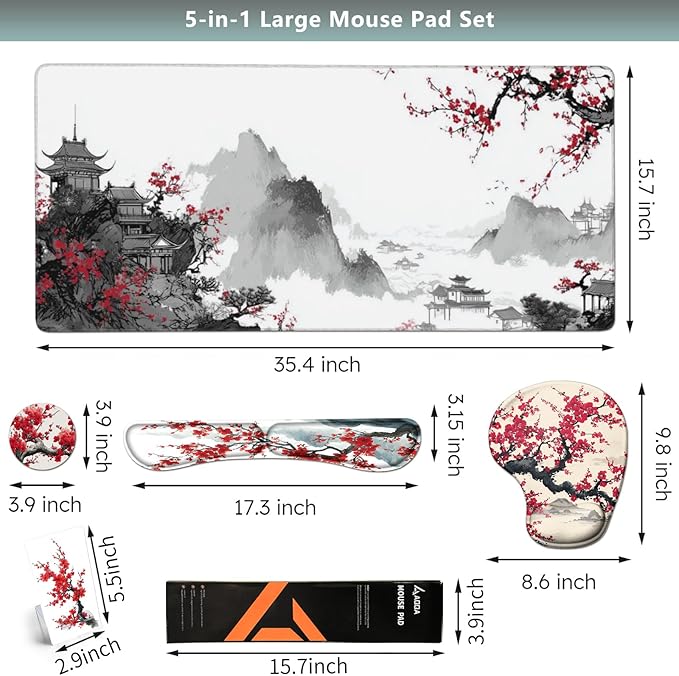 AQQA Japanese Desk Mat Set Large Gaming Mouse Pad with Wrist Rest Ergonomic Mouse Pad Keyboard Mat Wrist SupportPhone HolderCup CoasterHome Office Desk Accessories Decor Supplies Cherry Blossom