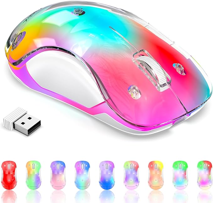memzuoix 2.4G Wireless Mouse with Customizable Cover &amp 9-Color LED - Rechargeable Ergonomic 1400 DPI 5 Buttons USB Receiver for PC/Mac - Pink